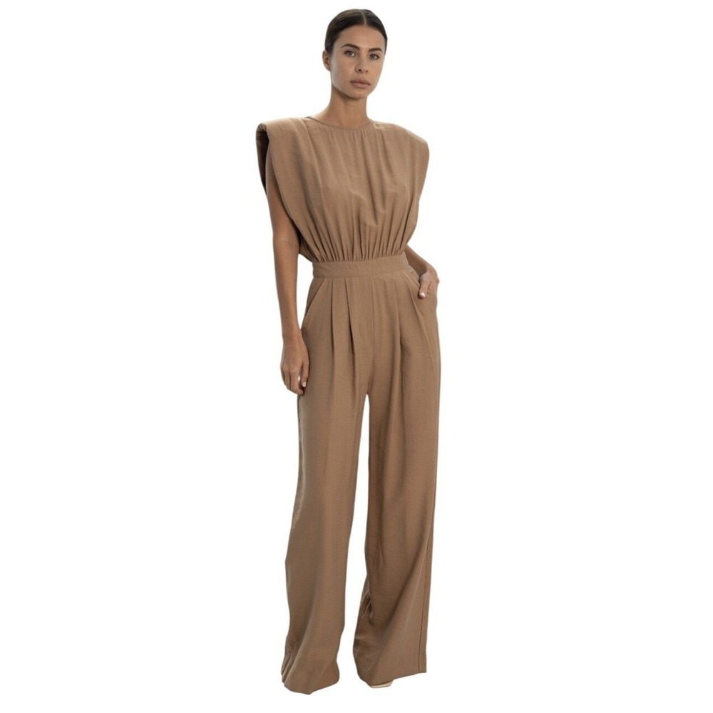 Nonchalant Label Josie Jumpsuit Womens M Camel Tan Wide Leg Minimalist Chic
